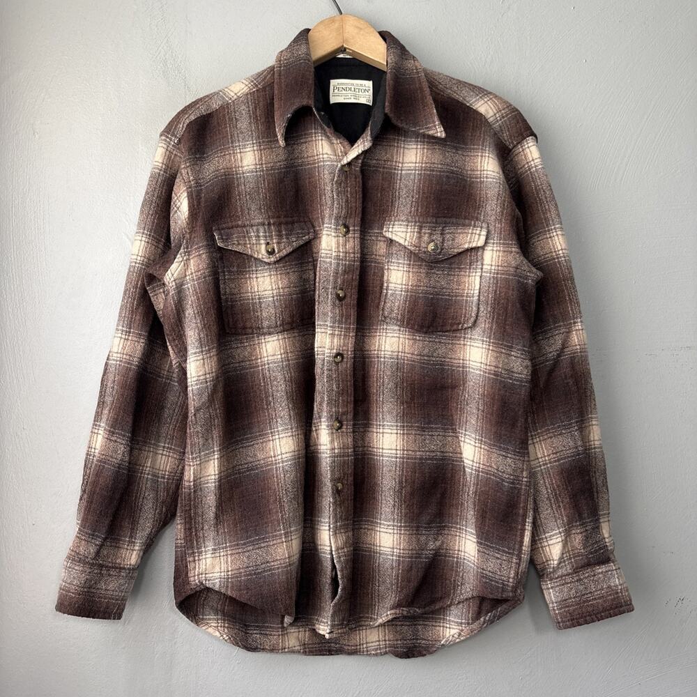Pendleton Outdoor Shirt Wool Earthy Brown Plaid Flannel Fits Womens Size Medium